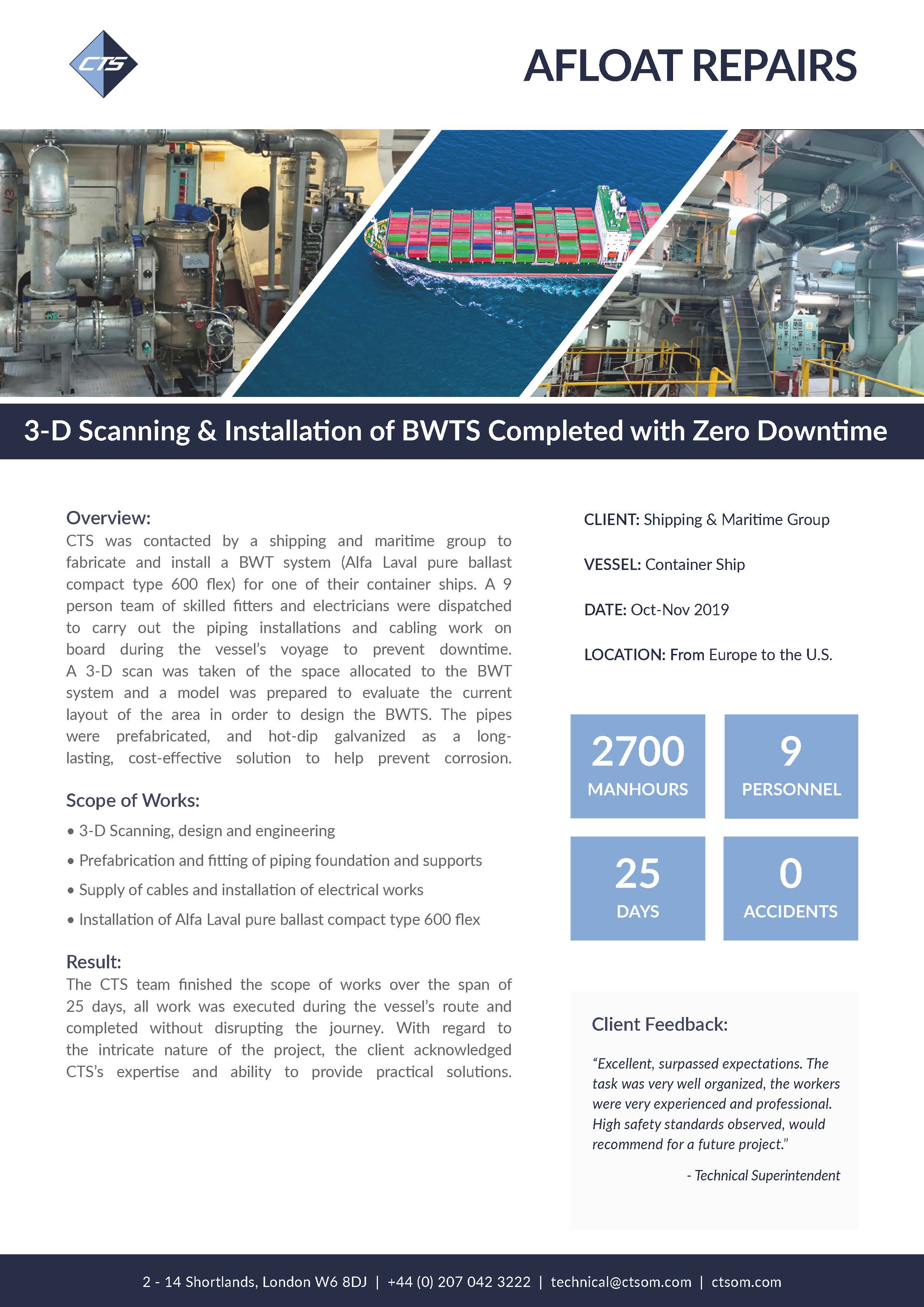 3-D Scanning & Installation of BWTS Completed with Zero Downtime